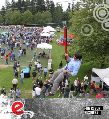 Large corporate fun event image featuring many people on a warm summer's day. A man dangles from a zip line with the crowds below on the grass covered showground