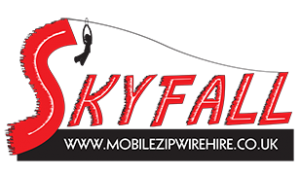 The image features a corporate logo for the Skyfall company, which hire ziplines for corporate events. The logo is red and black and is made up of san-serif fonts and a graphic of a zip liner