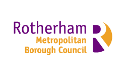 Rotherham MBC logo, displayed in mustard and gold. A typestyle logo with a white out Graphic R to the right hand side.