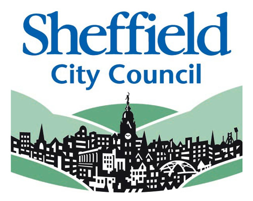 Sheffield City Council logo, blue and green on a white background. Made up from an illustration of Sheffield and the rolling hills of Yorkshire in the background.